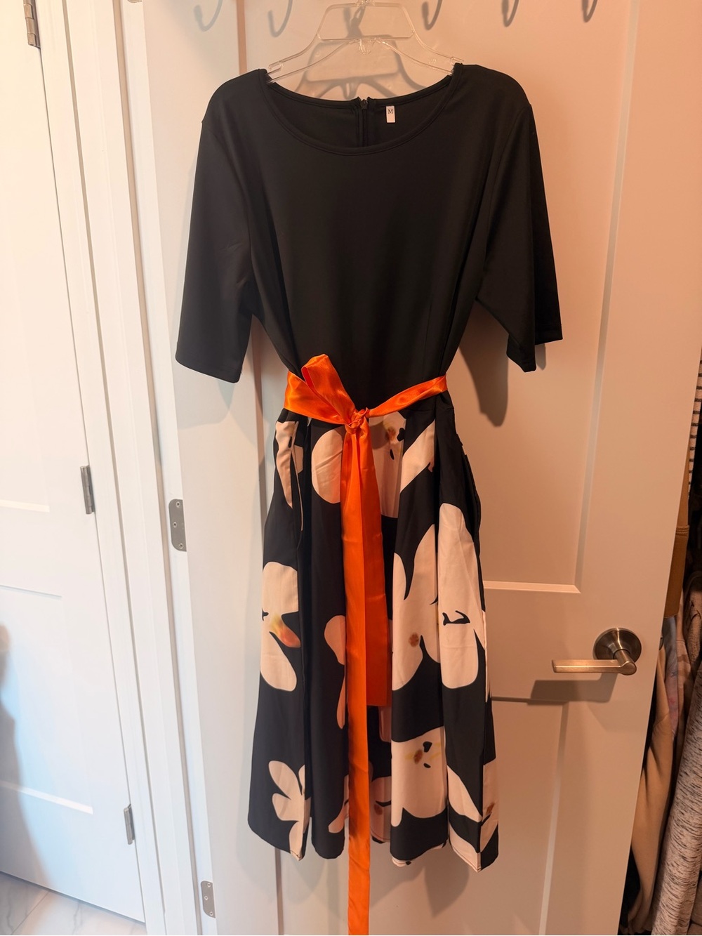 Black Floral Midi Dress with Orange Sash